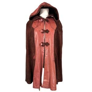 Vintage Handmade Leather Suede Hooded Cape Cloak Poncho